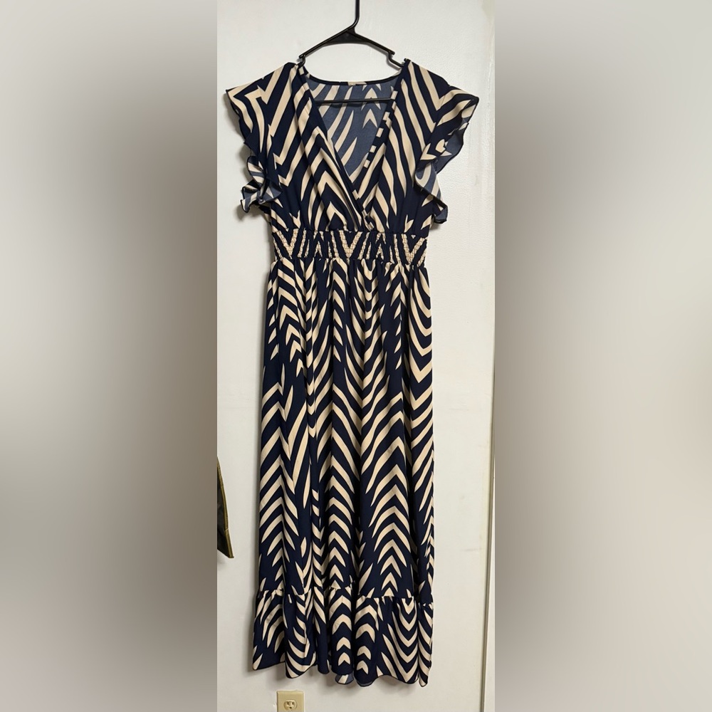 SHEIN Blue and Cream Ruffled Smocked Maxi Sundress